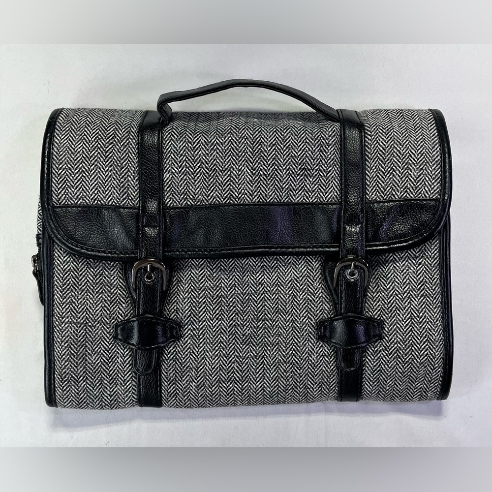 Classic Pottery Barn Black Grey HerringboneTweed Leather Toiletry Bag - EUC!